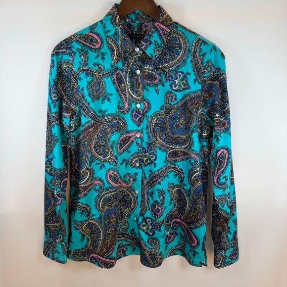 Talbots Women’s S Paisley Button Up Shirt Stretch Cotton Turquoise Classic EUC - Picture 2 of 9
